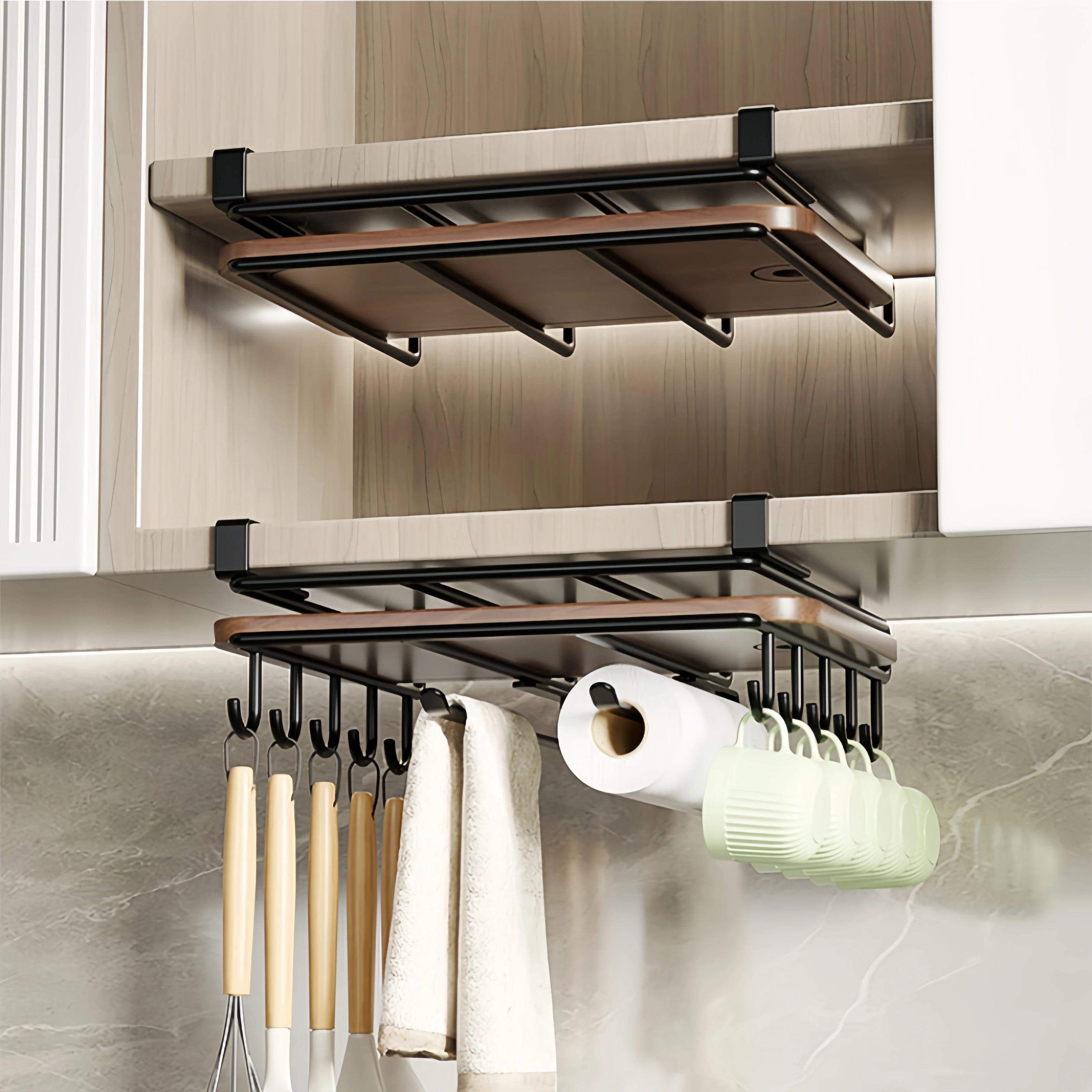 Kitchen Hanging Organizer Rack with Hooks Under Cupboard Multipurpose Wall-mounted Kitchen Organizers Storage Rack