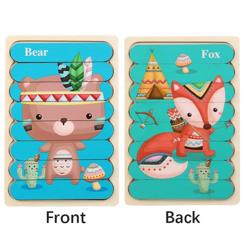 Cartoon Animal Double-sided Strip Wooden Puzzles Kids Montessori Jigsaw Game Baby Educational Toys for Children