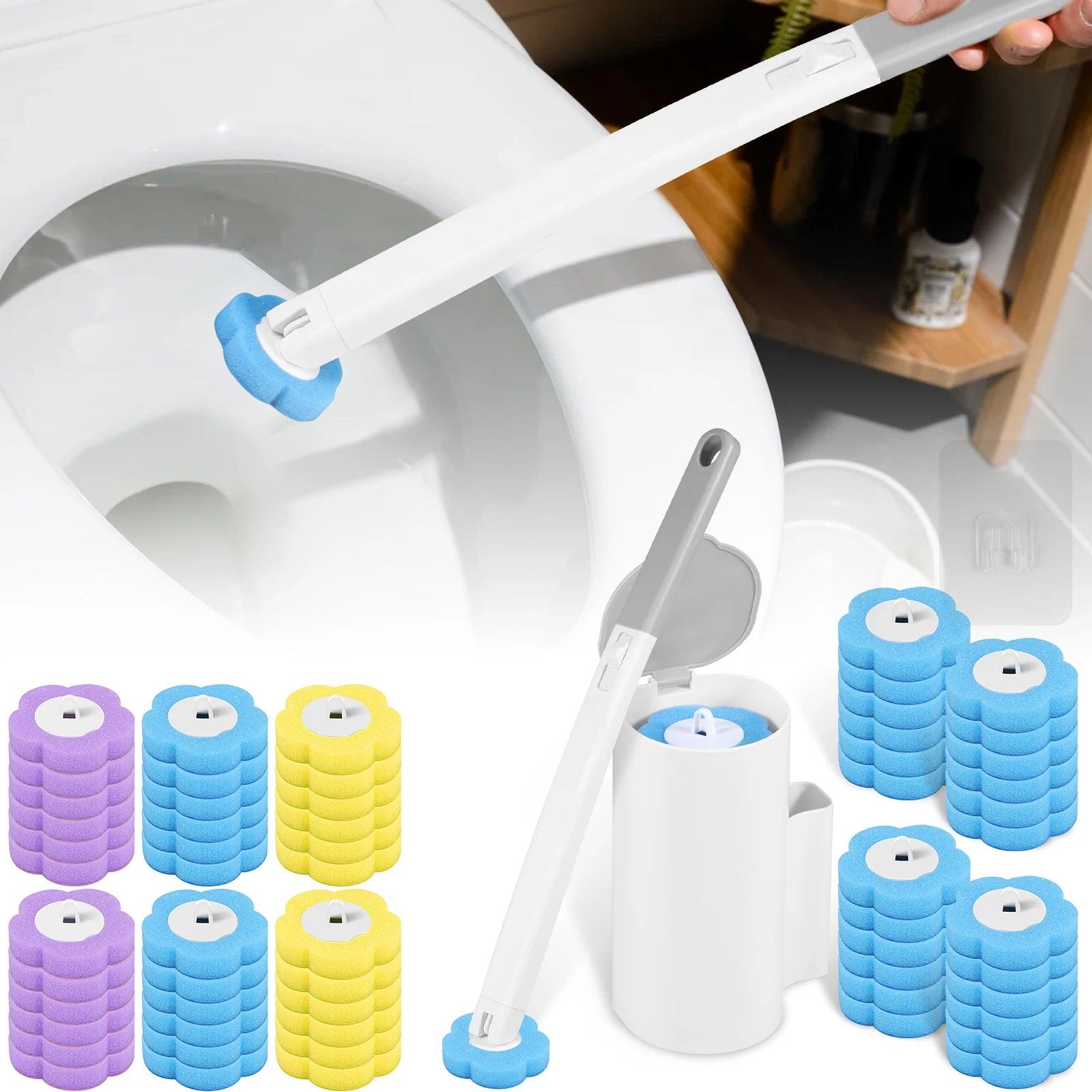 18-36Pcs Disposable Toilet Brush with Extended Handle Bathroom Toilet Brush Holder Cleaning Kit Replacement Head 360° Deep Clean