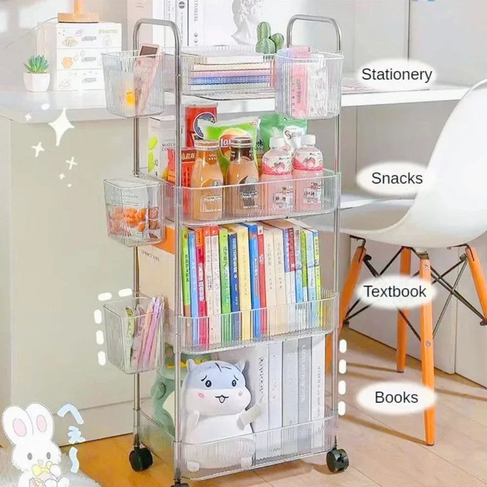 3 Layers Transparent Storage Rack Trolley Acrylic Rolling Cart with Hanging Basket Bathroom Acrylic Makeup Bookshelf organizer
