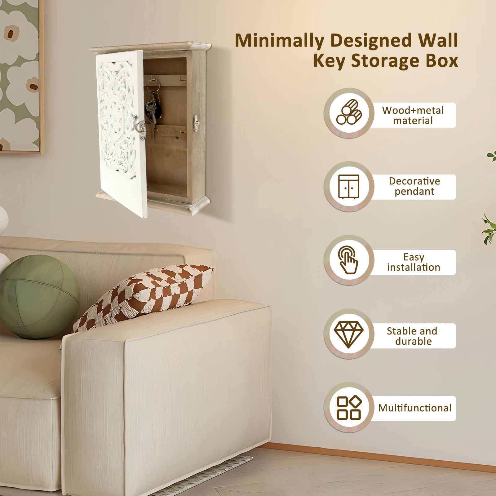 Wood Key Cabinet Box with 6 Hook Wall Hanging Key Storage Ornaments Vintage Key Box for Home Office Entryway Hallway Living Room