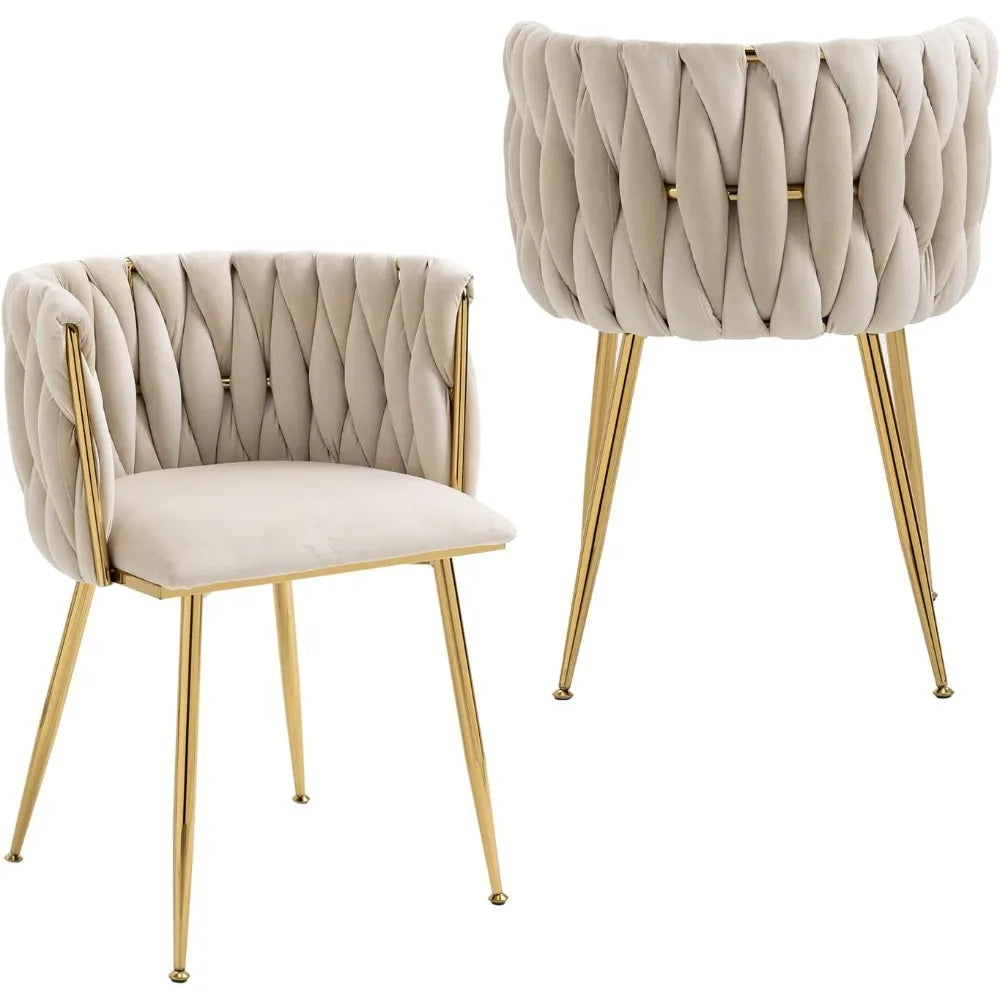 Velvet Dining Chairs Set of 2, Woven Upholstered Dining Chairs with Gold Metal Legs, Modern Accent Chairs for Living Room,