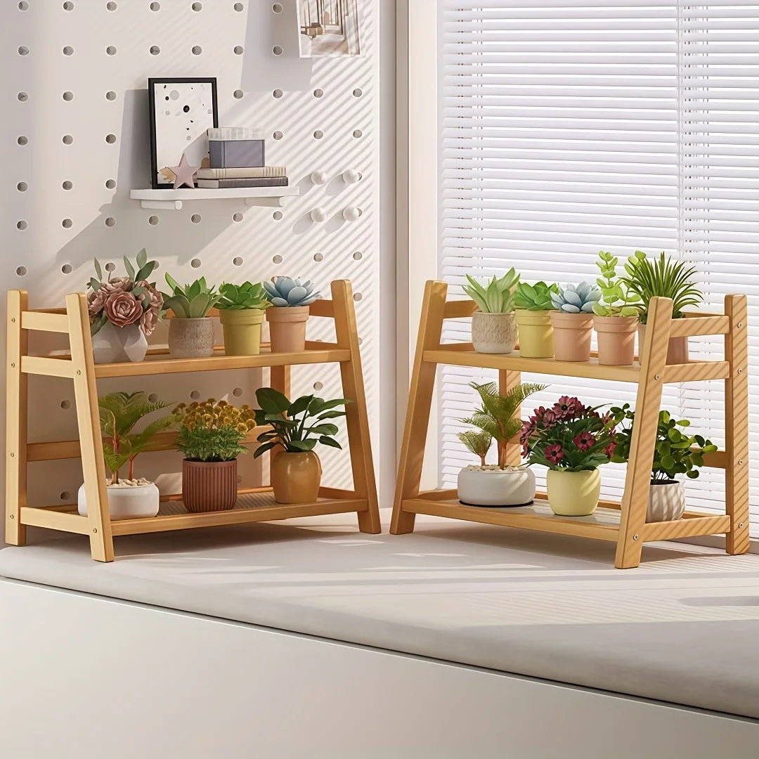 2-Tier Bamboo Shelf, Bohemian Wood Finish. Perfect for Mugs, Plants, Cosmetics & More. Save Space, Stylish Storage!