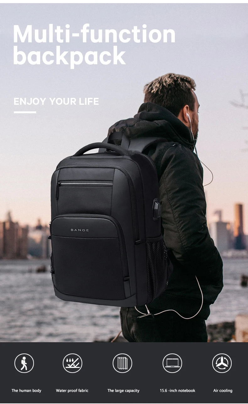 BANGE Lightweight 15.6 inch Laptop Backpack Waterproof USB Charge Port Multifunctional Travel Hiking School Bag Mochila for Men