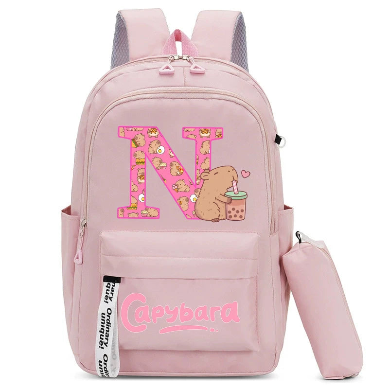 Cute Capibara Kids Backpack with Pencil Case Capybara Kawaii Girls School Bag Stationery Pouch Children Letter A-Z Rucksack Gift