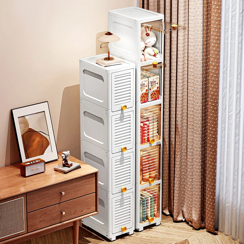 19cm Narrow Cabinet with Flip Lid  Large Capacity Adjustable Shelves Organizer for Kitchen Bathroom Bedroom Living Room