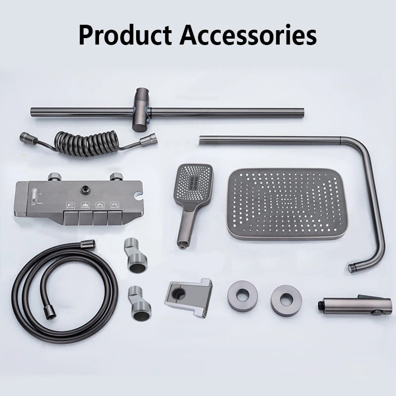 Cheap Gun Gray Bathroom Shower Faucet Set 4 Way ABS Hot and Cold Shower Crane Mixer Tap Bathtub Rainfall Showers System Full Set