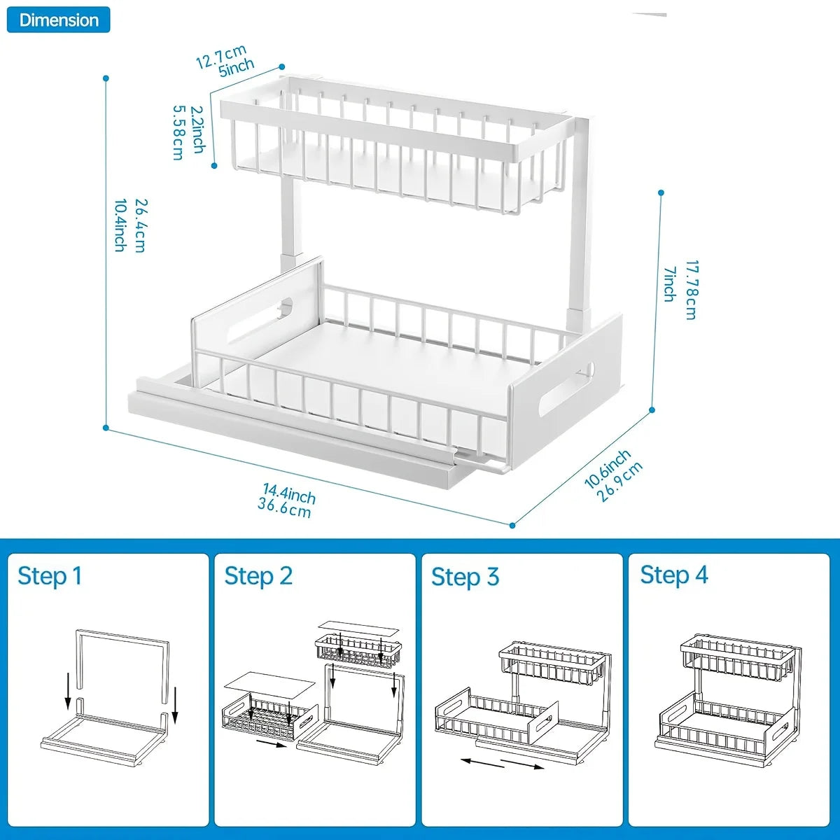 A 2-tier sewage storage box with a sliding pull-out cabinet storage rack and a metal sliding drawer.