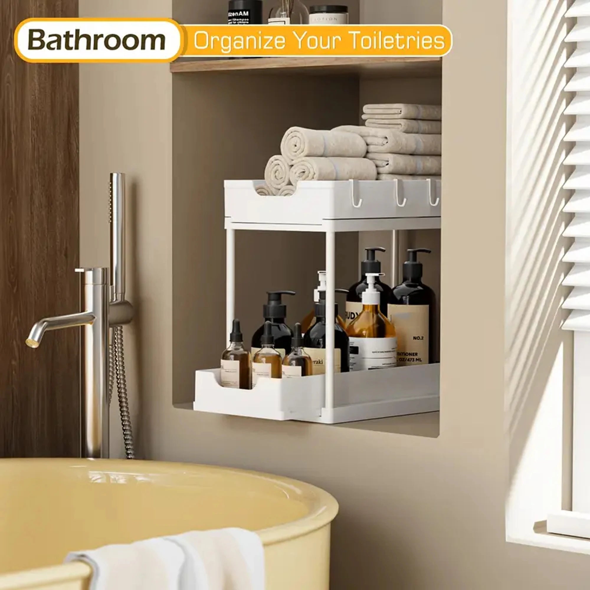 Double-Layer Pull-Out Kitchen Storage Rack, Non-Slip, Stable, Multi-Functional Storage Box with Five Hooks, under Sink Brush, Double-Layer Drawer Storage Rack, Suitable for Kitchen and Bathroom Countertop Sink Storage