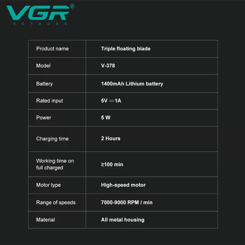 VGR high-end men's shaver alloy reciprocating three blade shaver LED intelligent digital display 9000 speed hair trimmer V-378