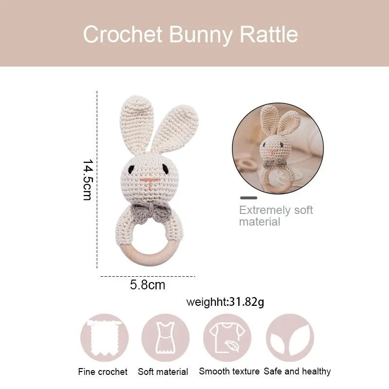 Let's Make Baby Rattles Crochet Bunny Rattle Toy Wood Ring Baby Teether Rodent Baby Gym Mobile Newborn Educational Rattles Toys