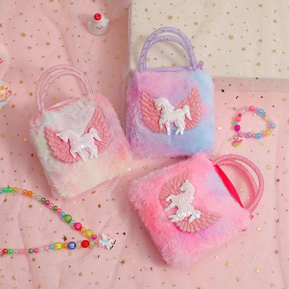 1 Piece Cute Furry Cartoon Kids Shoulder Bag for Girl Plush Shiny Cartoon Unicorn Crossbody Bag Baby Small Stuff Storage Bag