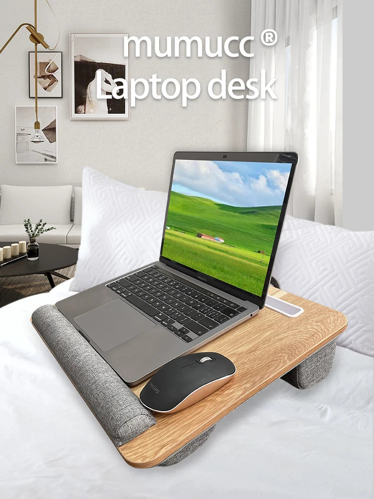 Mumucc Wooden Suspended Bed Study Table, Portable 15 Inch Laptop Desk With Handle, Sponge Cushion AND ABS Slot,Black,Khaki,Brown