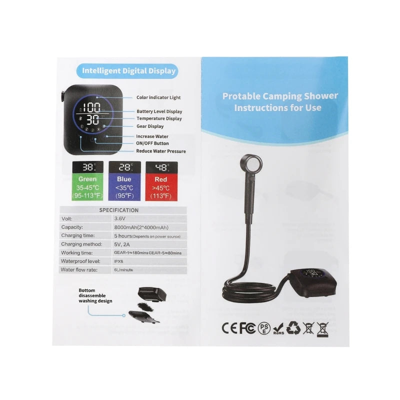 Camping Shower 3.6V 8000mAh IPX8 Rainproof  Portable Power Supply for Outdoors Rechargeable Camp Shower Outdoor Shower