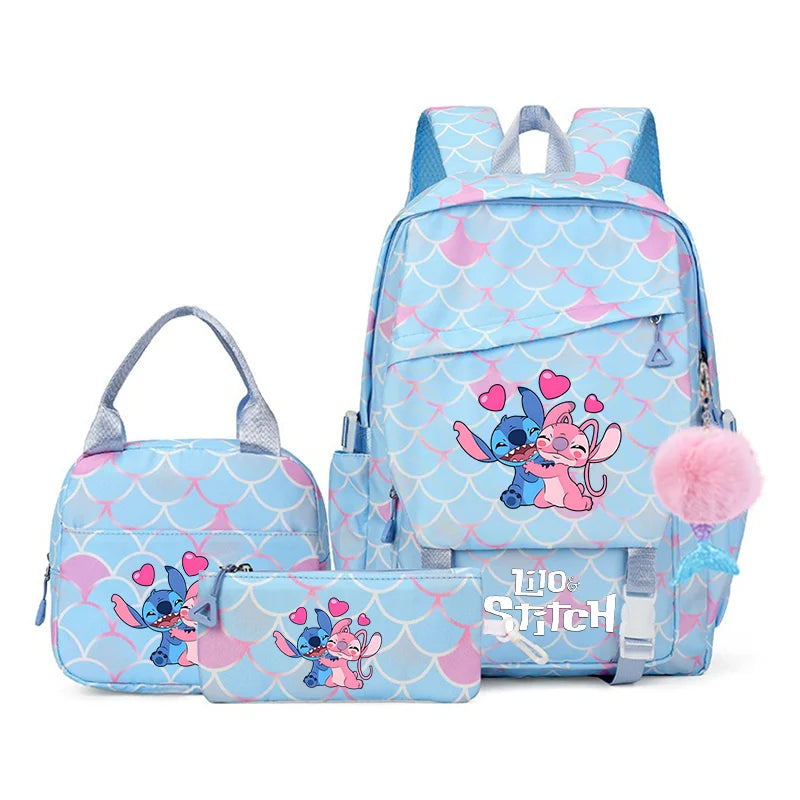 3Pcs Backpack Set Lilo Stitch Girl Kid Student Schoolbags Double Shoulder Bag Travel Pen Lunch Bag Kawaii Bookbag Laptop Bag Set