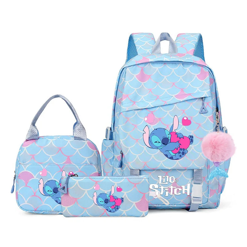 3Pcs Backpack Set Lilo Stitch Girl Kid Student Schoolbags Double Shoulder Bag Travel Pen Lunch Bag Kawaii Bookbag Laptop Bag Set