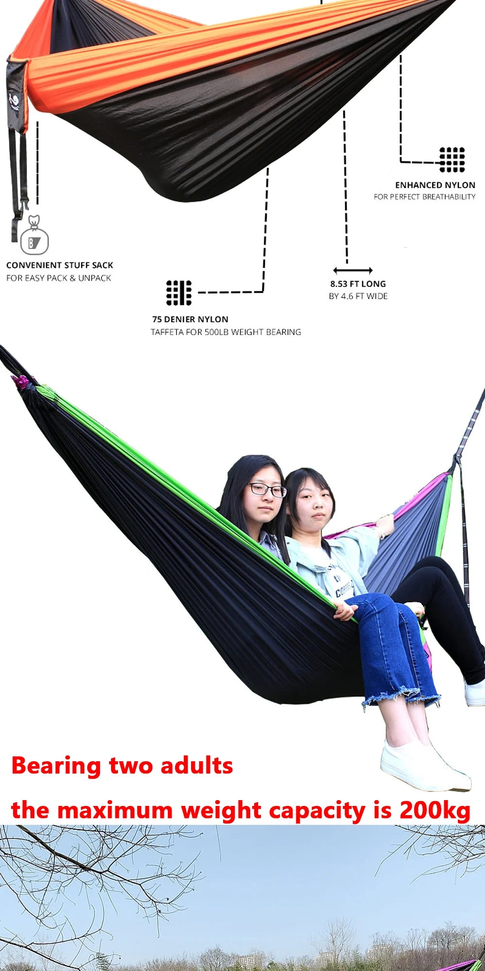 300X200CM Double Person Outdoor Garden Camping Hammock Lightweight Parachute Nylon Travel Hiking Swing Hang Sleeping Bed