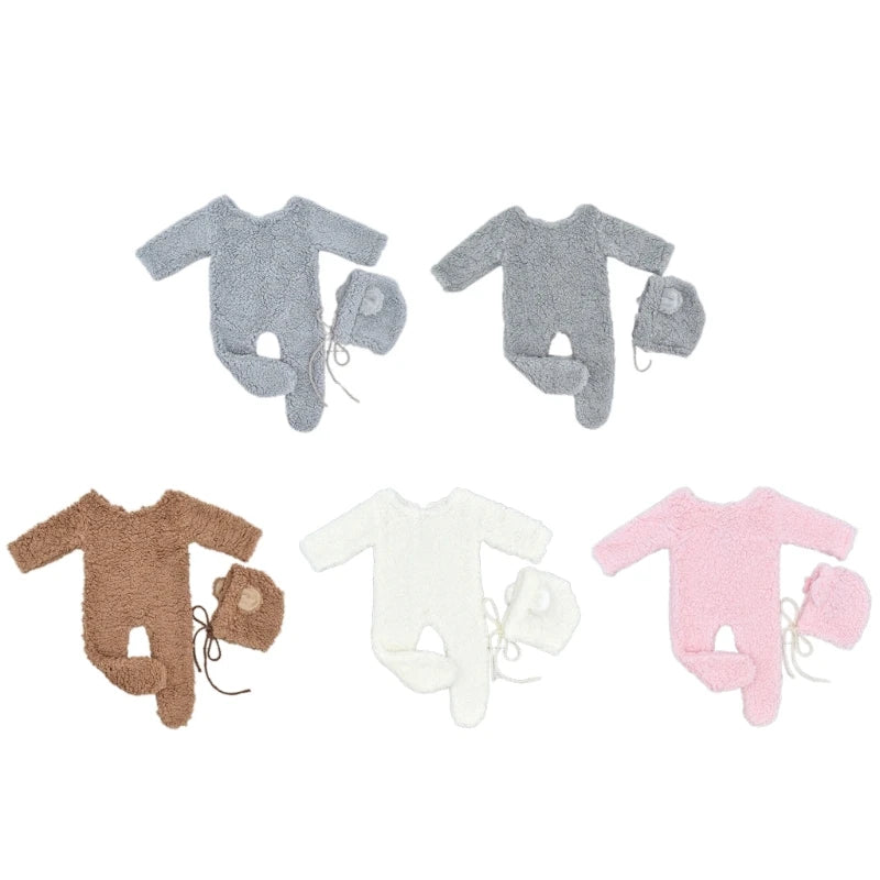 2Pcs Photography Props for Baby Boy Girls Unisex Jumpsuit Bear Ear Hat Footed Romper Newborn Photoshooting Accessories