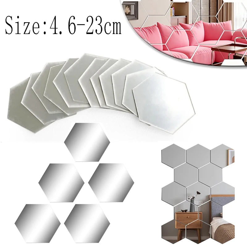 5-20PCS Geometric Solids Hexagonal Mirror Wall Stickers DIY With Built-in Adhesive and Removable Home Decoration 4.6cm-23cm