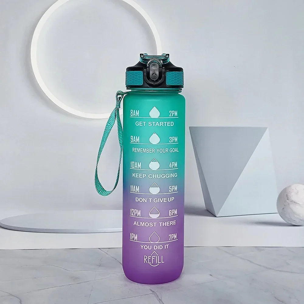 1L Gradient Color Motivational Sports Water Bottle with Time Marker Water Bottle with Straw for Office Exercise Gym Outdoor