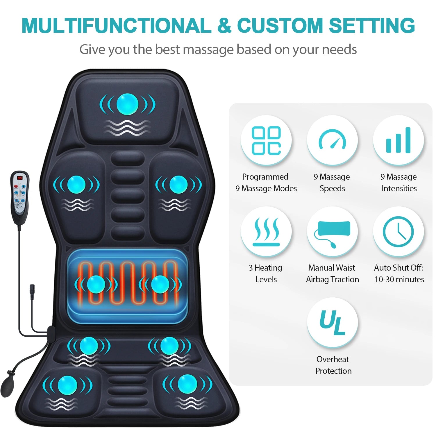 Aiveisi Full Body Electric Massage Mattress Massage Table Mattress Knead Heating Shiatsu Cervical Seat Cushion Massager