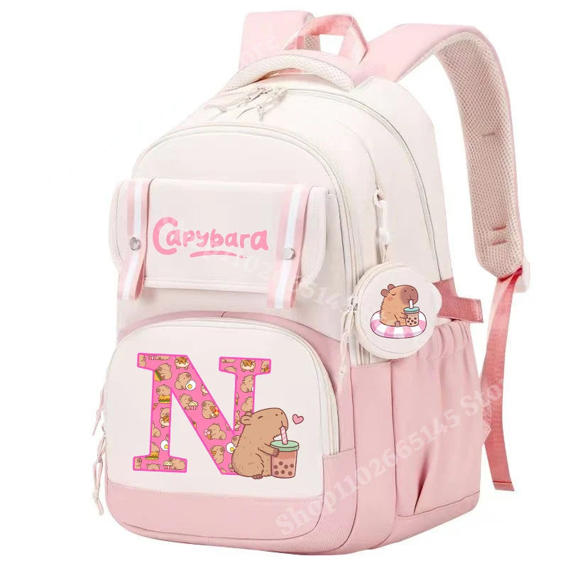 Capibara Cute Backpack Girl Anime Capybara Letter A-Z School Bags Kids Outdoor Sport Shoulders Bag Travel Rucksack Children Gift