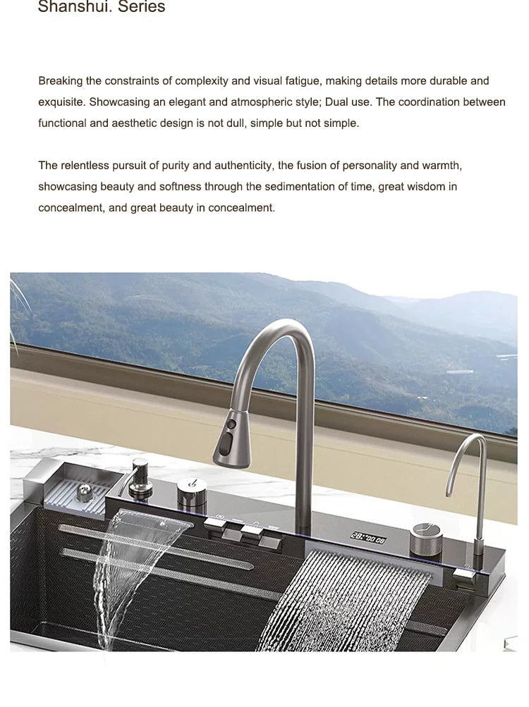 Kitchen Sink Stainless Steel Waterfall Sinks Extra Large Single Slot with Digital Display Faucet Set For kitchen