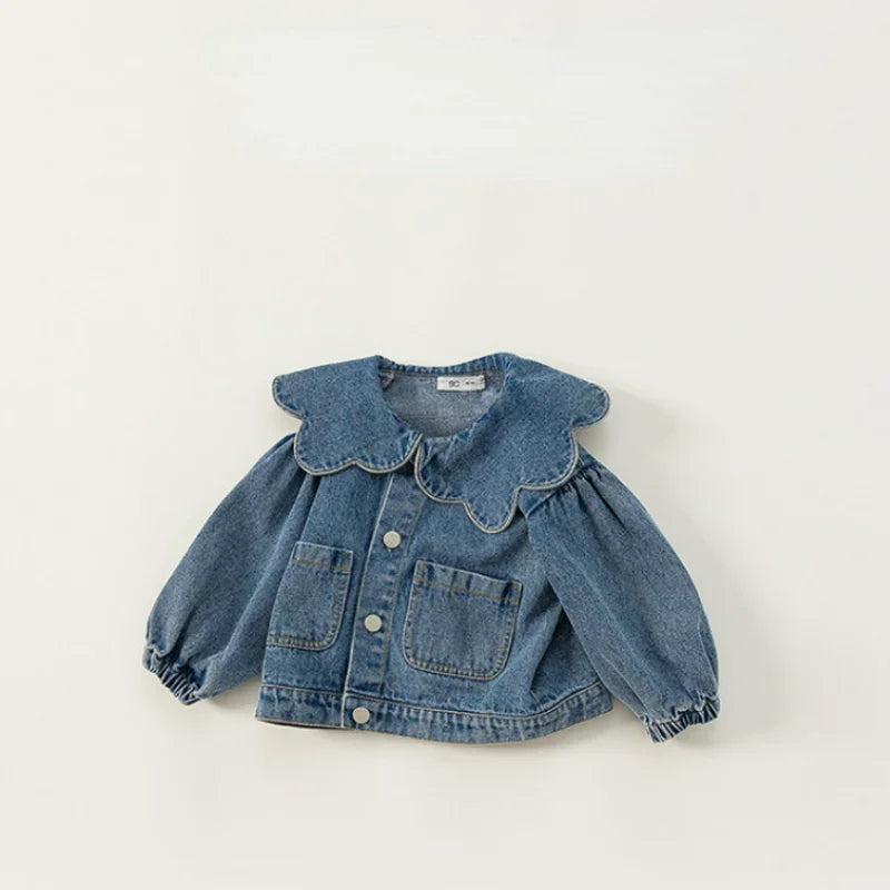 Korean Style Spring Autumn Kids Girl Denim Coat Ruffle Collar Long Sleeve Outerwear Children Fashion Versatile Clothes E82075