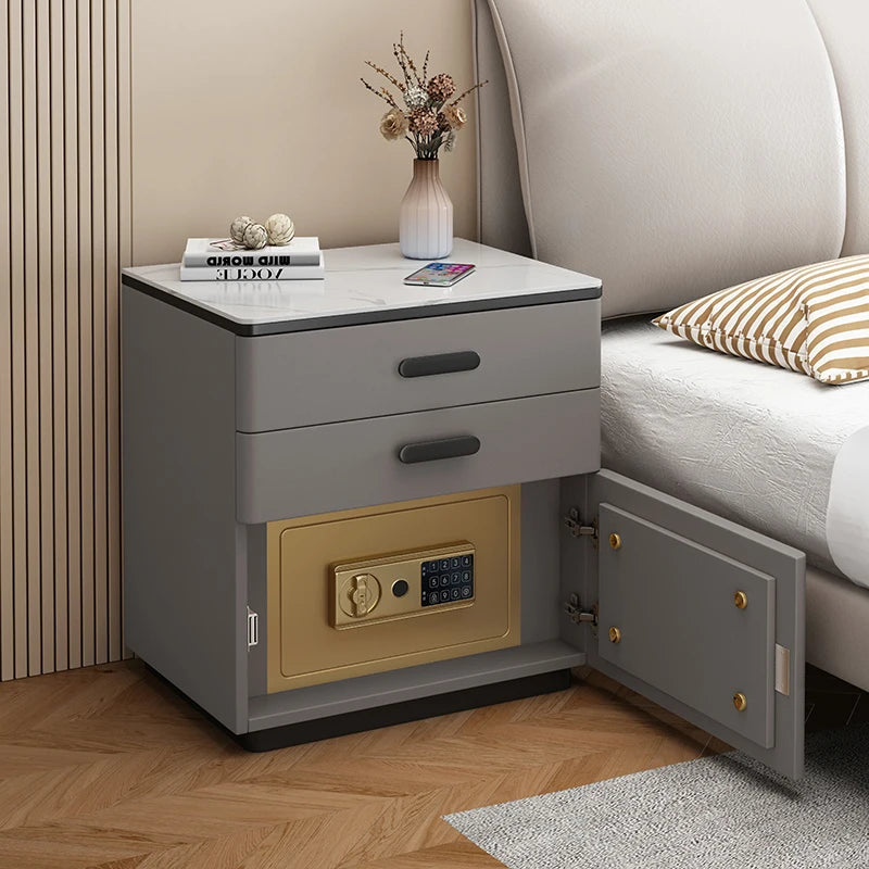 Safe Luxury Bedside Table With Lock Secret Compartment Glamour Metal Nightstands Designer Multifunctional Criado Mudo Furnitures