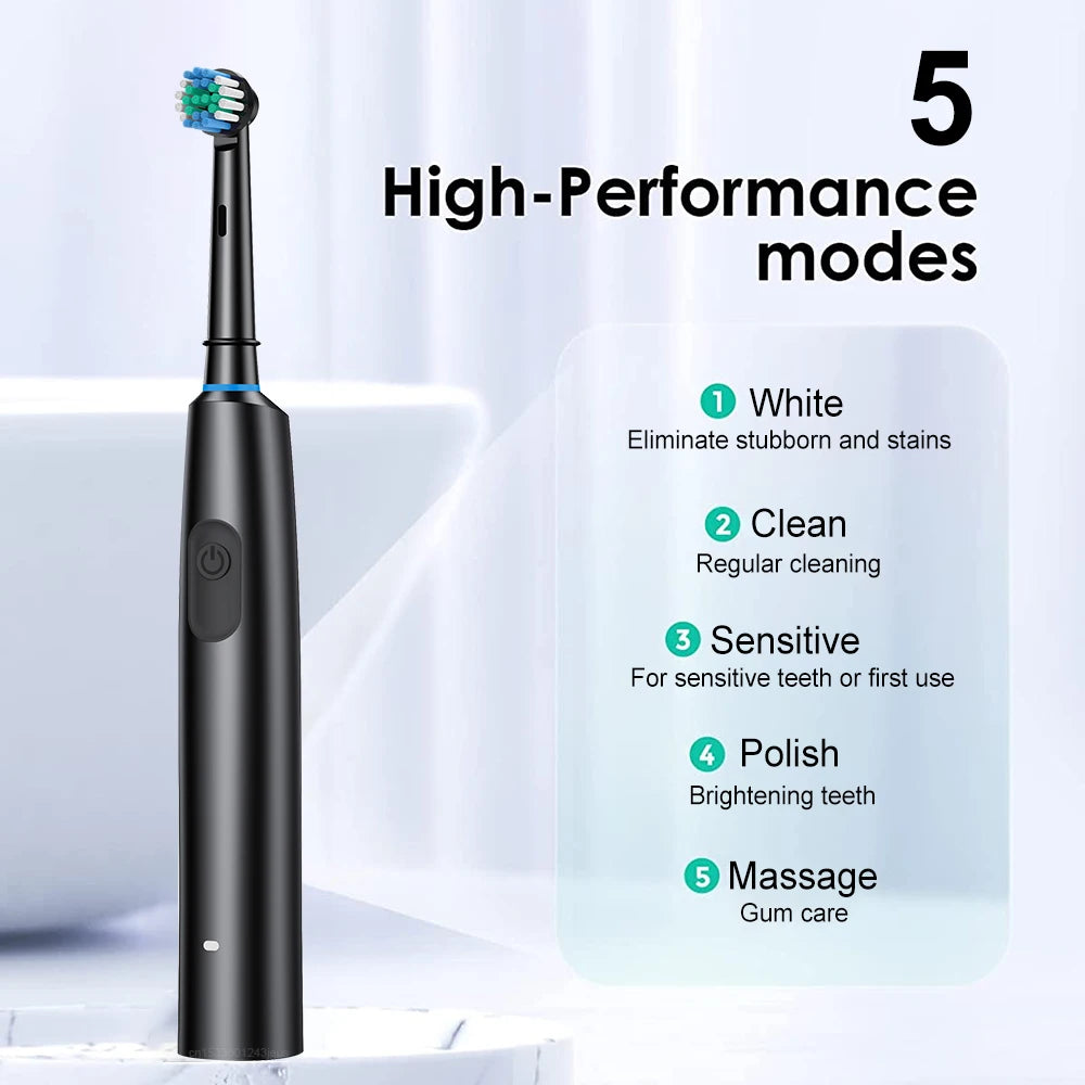Electric Rotating Toothbrush Deep Clean Whitening Teeth for Adult Ultrasonic Toothbrush with 4/8pcs Refill Replacement Heads
