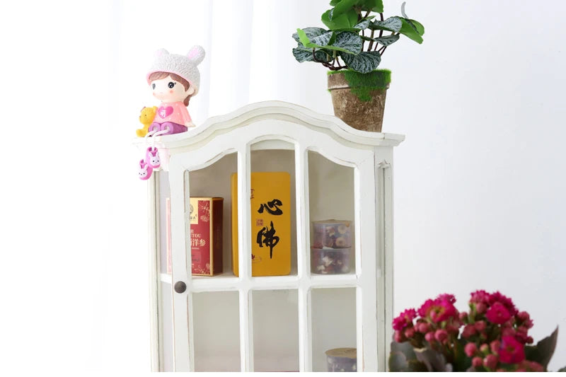 ‌Rustic Farmhouse Display Cabinet with Glass Doors Distressed White Solid Wood Storage Organizer for Kitchen/Office Vintage