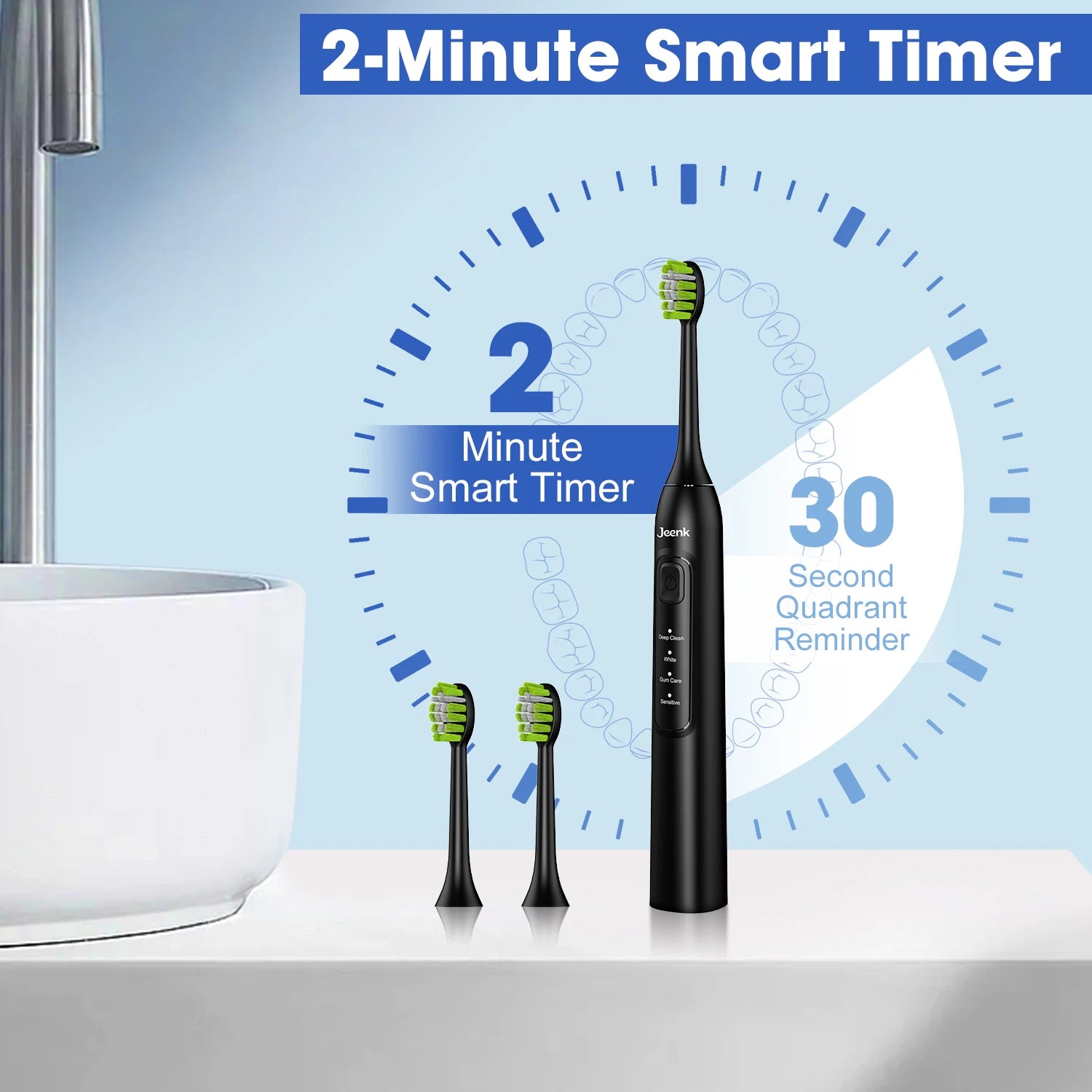 Jeenk JK-Y05 Sonic Electric Toothbrush 4 Modes USB Charger with 6 Replacement Heads Smart Timer Waterproof Soft Bristles Adult