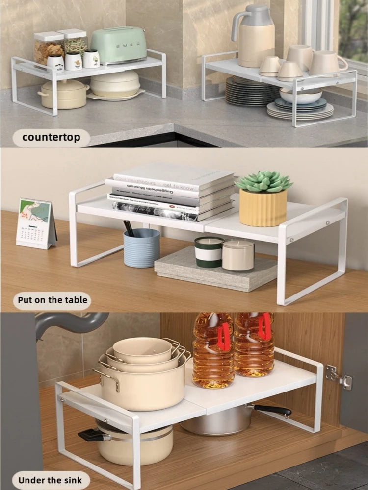 Kitchen cabinet multi-level shelf storage rack, seasoning storage rack, expandable home storage space, heavy-duty metal white