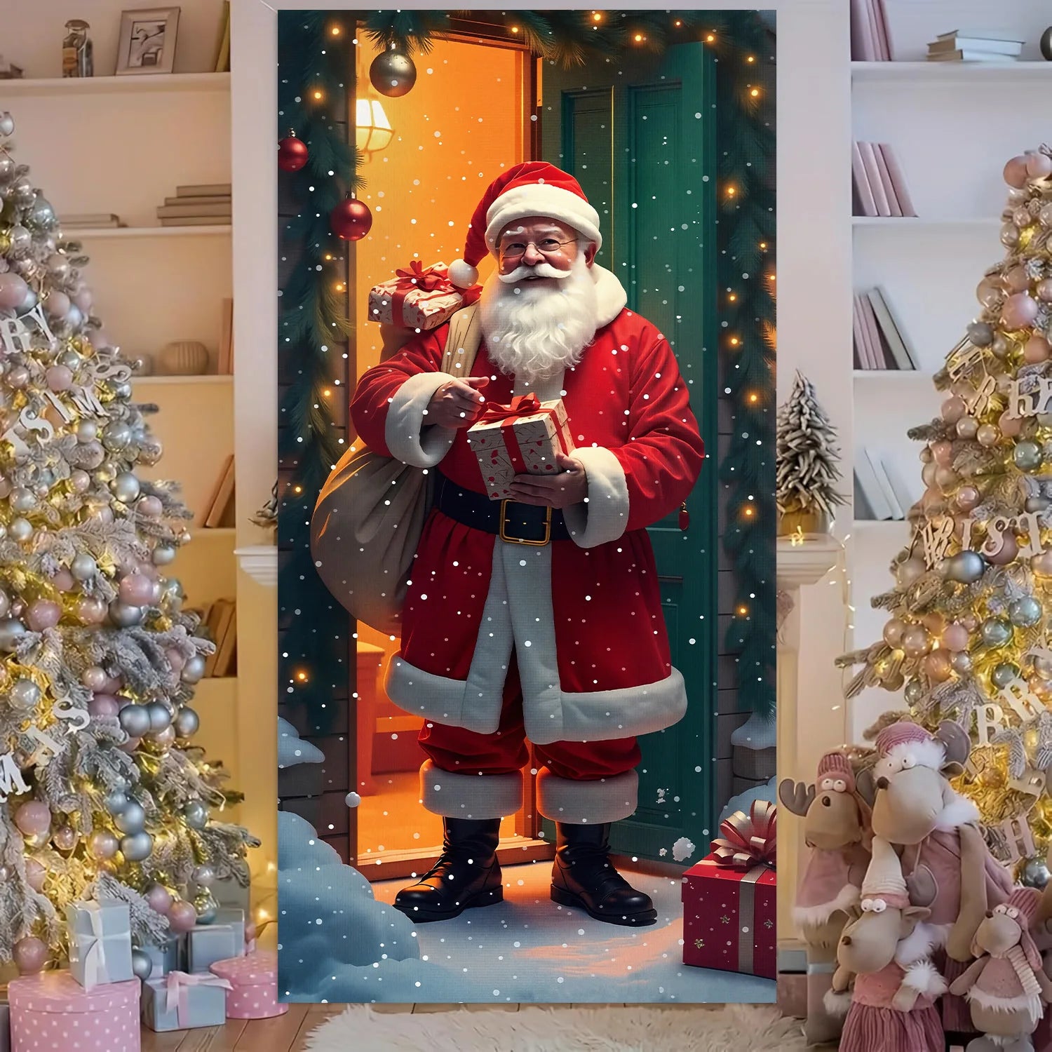 1pcs 2D Christmas Theme Door Cover Banner 2026 New Year Living room Decor Xmas Navidad Santa Snowman animals decor Favor Gift