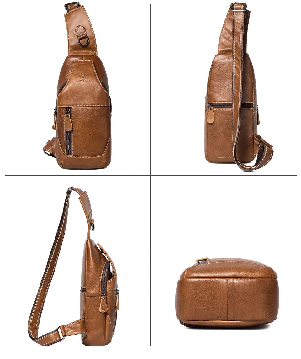 HUMERPAUL New Men's Chest Bag Crossbody Pack Genuine Leather Large Capacity Casual Messenger Bag Retro Men Handbag Shoulder Bag