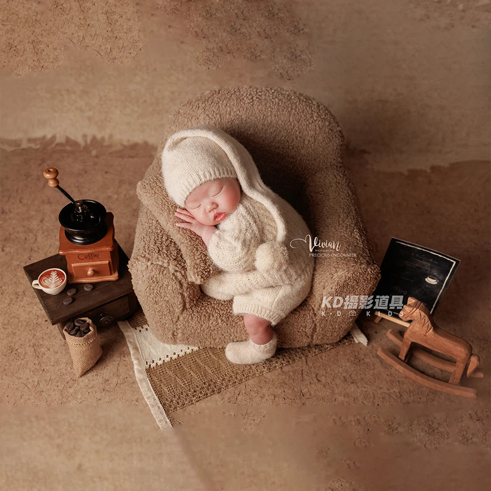 0-1 Month Newborn Photography Scenes Props Knitted Baby Costume Set Teddy Bear Doll Coffee Maker Props Studio Photo Accessories