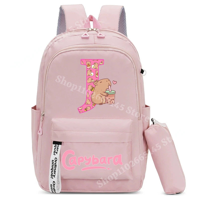 Cute Capibara Kids Backpack with Pencil Case Capybara Kawaii Girls School Bag Stationery Pouch Children Letter A-Z Rucksack Gift