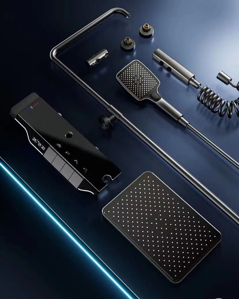 Luxury Wall Mounted Smart Button Digital Display Shower Set Thermostat System Glass Countertop Bathroom Brass Rain Shower Set