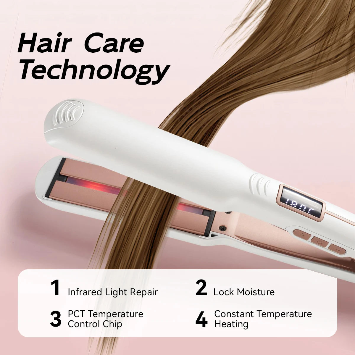 TQ-H2 Infrared Hair Straightener with LCD Display - Adjustable Temperature & Wet/Dry Use | White Styling Iron for Smooth Care