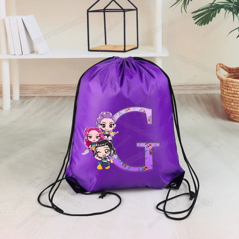 KPop Demon Hunters Drawstring Backpack Portable Foldable Storage Bag Reusable Sack Yoga Sport Organizer Travel Sundries Pouch