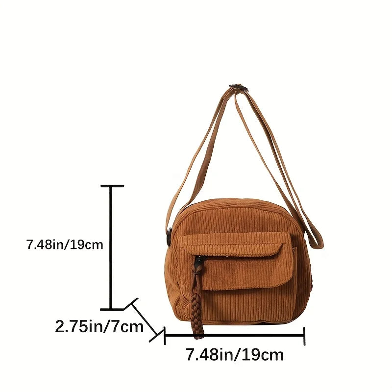 Vintage Harajuku Corduroy Crossbody Bag, Casual Japanese Style Handbag Shoulder Bag with Zipper Closure,Chic Everyday Use Purse