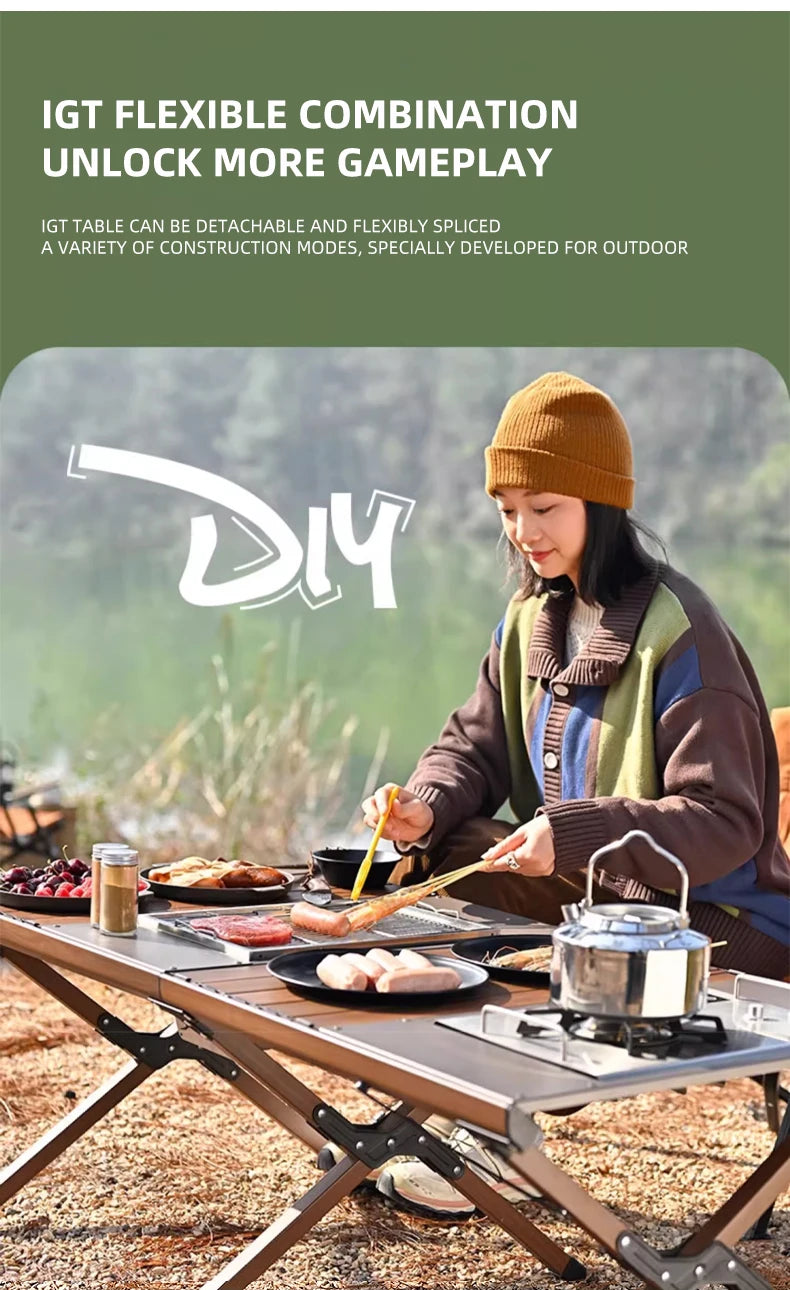 Outdoor Camping Folding multifunctional IGT Wood table Gas Stove Portable lightweight Camp BBQ Grill Table Picnic table