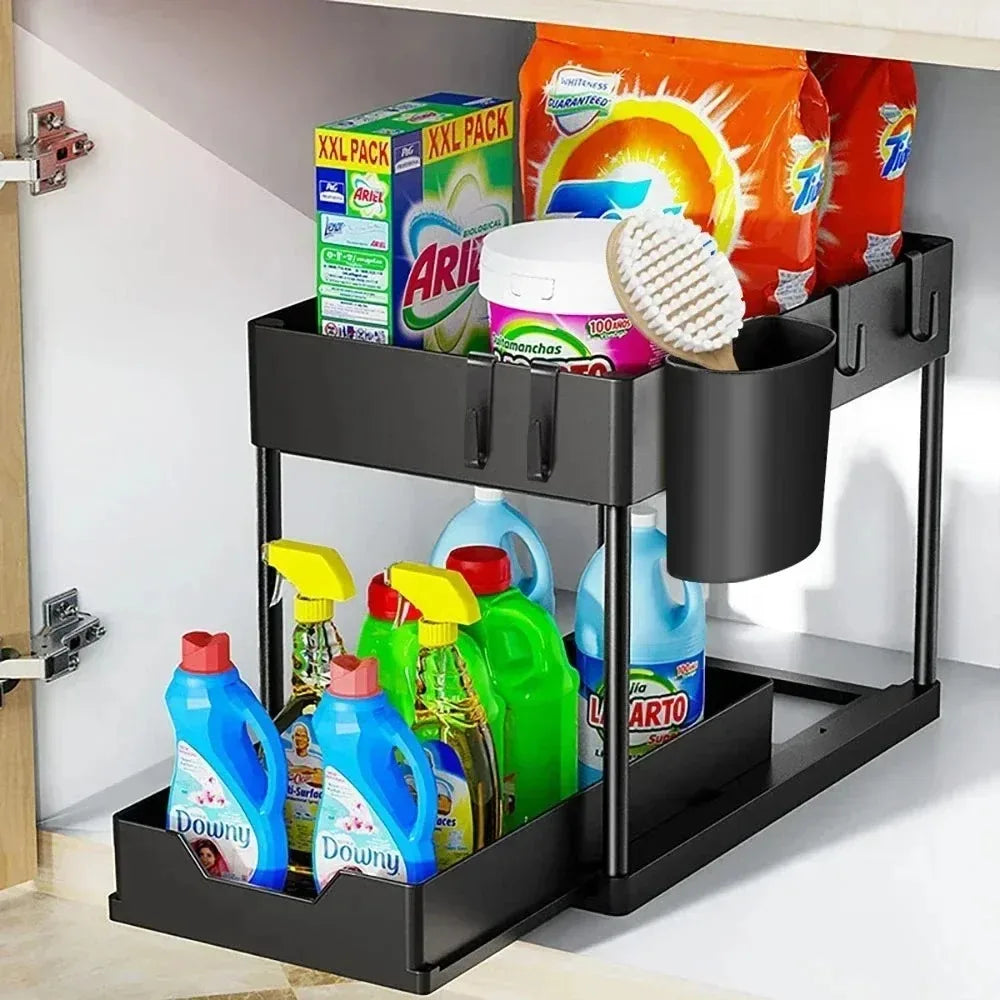 Two-tier Pull-out Sink Base Storage Cabinet with Sliding Baskets and Hooks, Suitable for Bathroom and Kitchen Storage