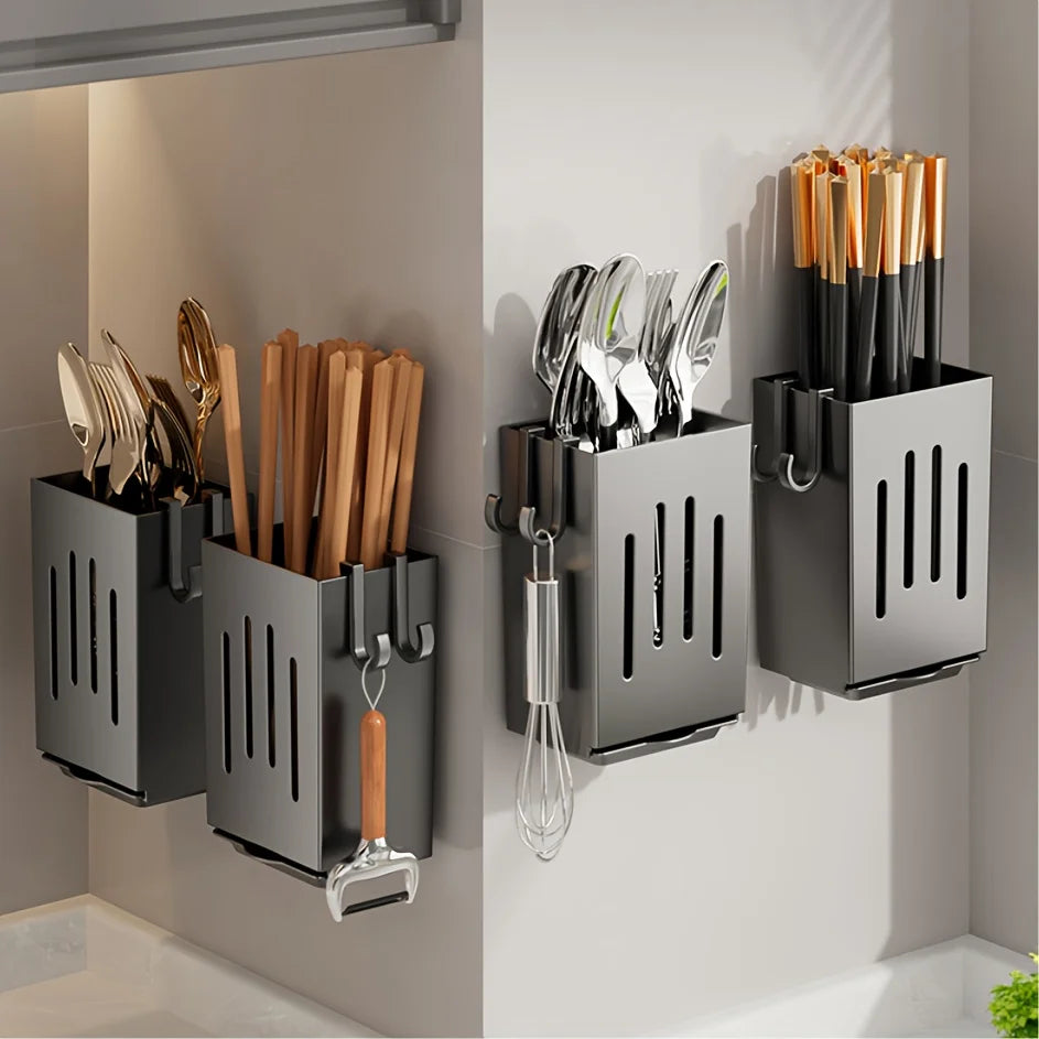 1pc Kitchen Chopsticks Holder Multifunctional Hanging Utensil Drying Rack Hooks No Drilling Wall Mounted Spoon Fork Holders