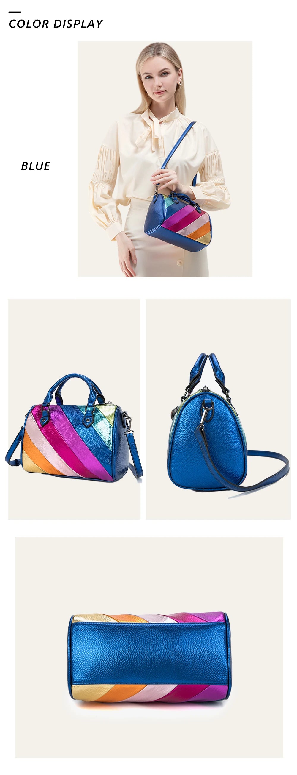 CEZIRA Luxury Metallic PU Vegan Leather Boston Bag Women Fashion Colorful Stripes Patchwork Top-handle Purse Crossbody Handbags