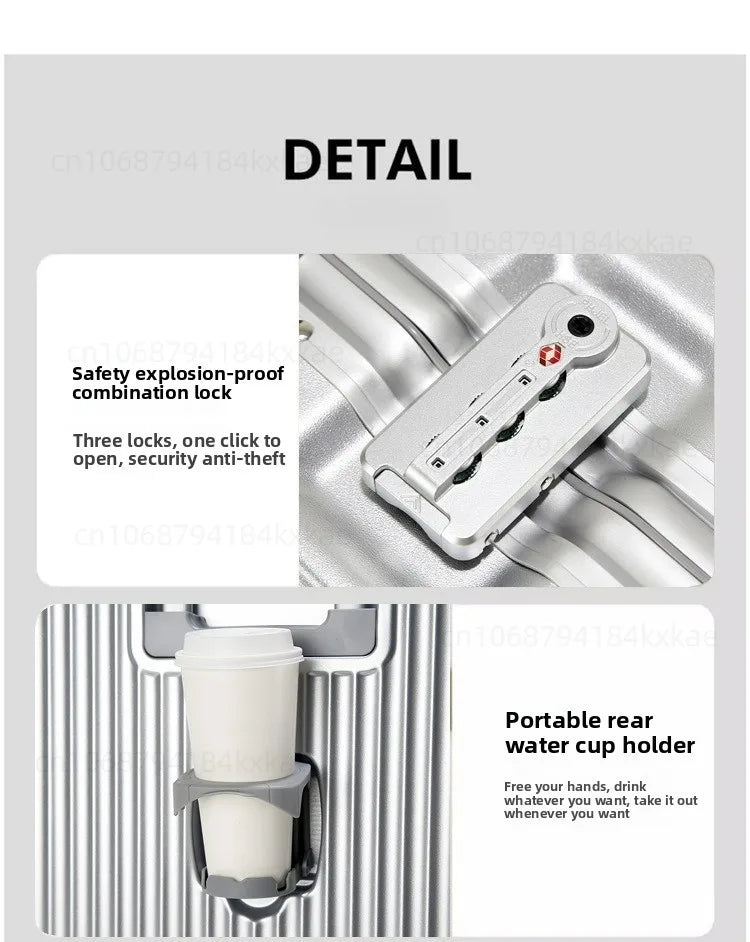 Aluminium Frame Rolling Luggage with Cup Holder Mobile Phone Holder Front Opening Suitcase Large capacity Travel Suitcase