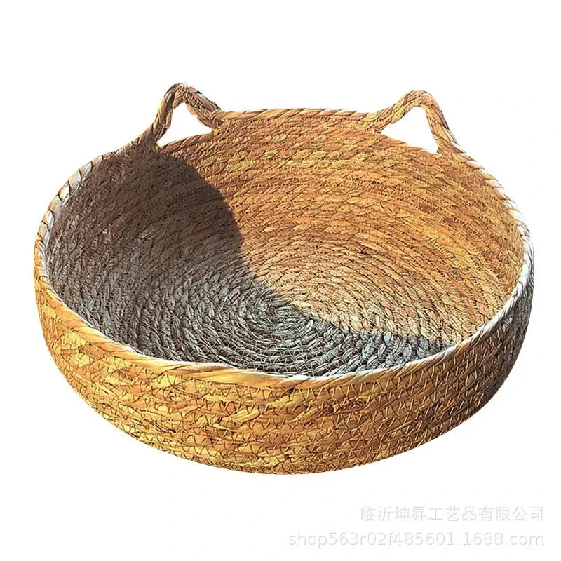 Rattan Weaving Cat Basket Bed With Soft Cushion Round Donut Design Cozy Warm Comfortable Sleeping Nest For Cats And Dogs
