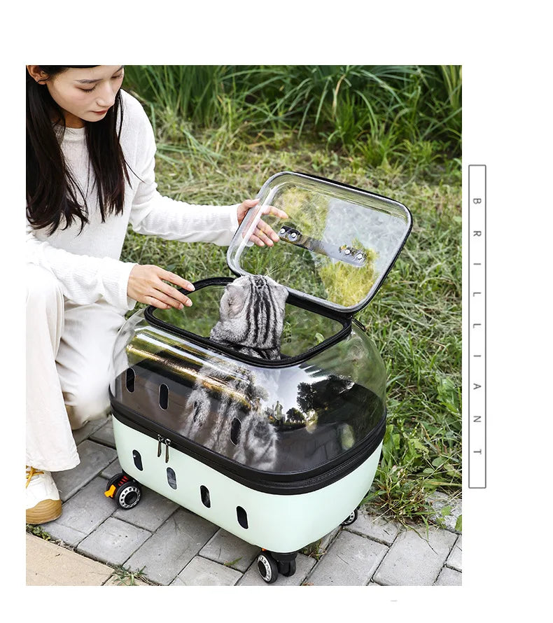 Fashion Transparent Cat Cage Large Capacity Pet Suitcase Breathable Cat Carriers Pull Rod/Handheld Dual Use Cat Transport Cart