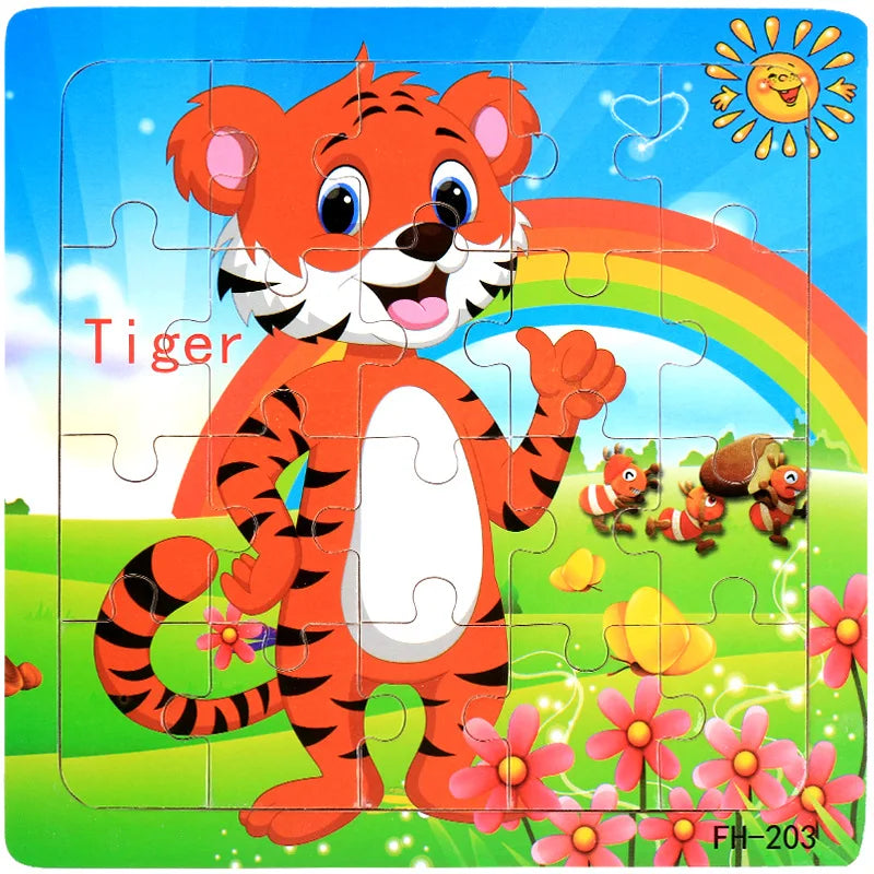 20piece Wooden Puzzle Cartoon Animals Car Letter Number Pattern Jigsaw Puzzles Game Kids Educational Learning Toys for Children