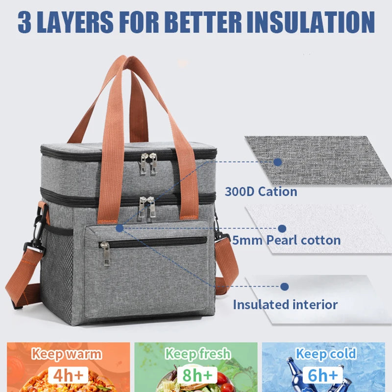 1PC Large Capacity Lunch Bag Double Layers Thermal Insulation Picnic Bag Food Drink Storage Tote With Shoulder Strap Cooler Bags